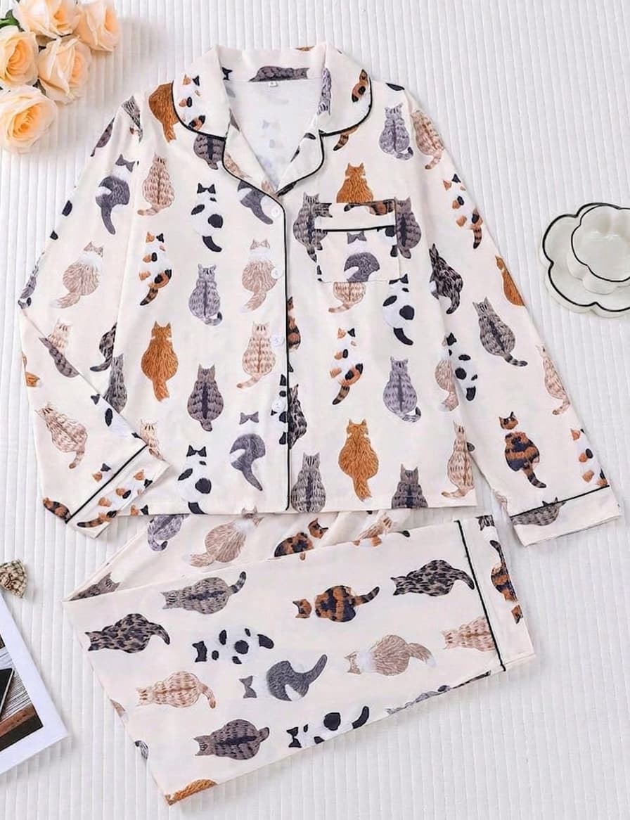 Conjunto de pijama de mujer estampado de gato