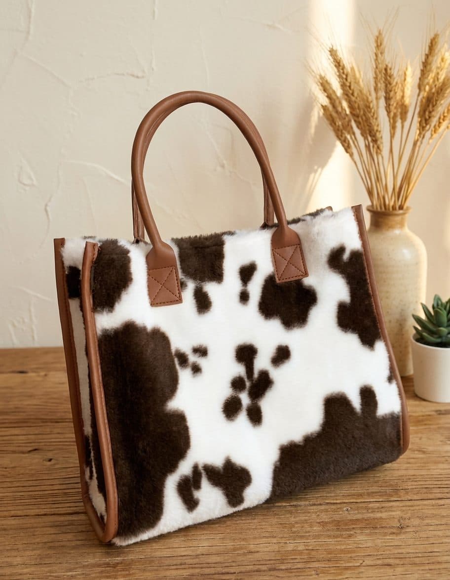 Bolso de hombro con patrón de vaca mullido