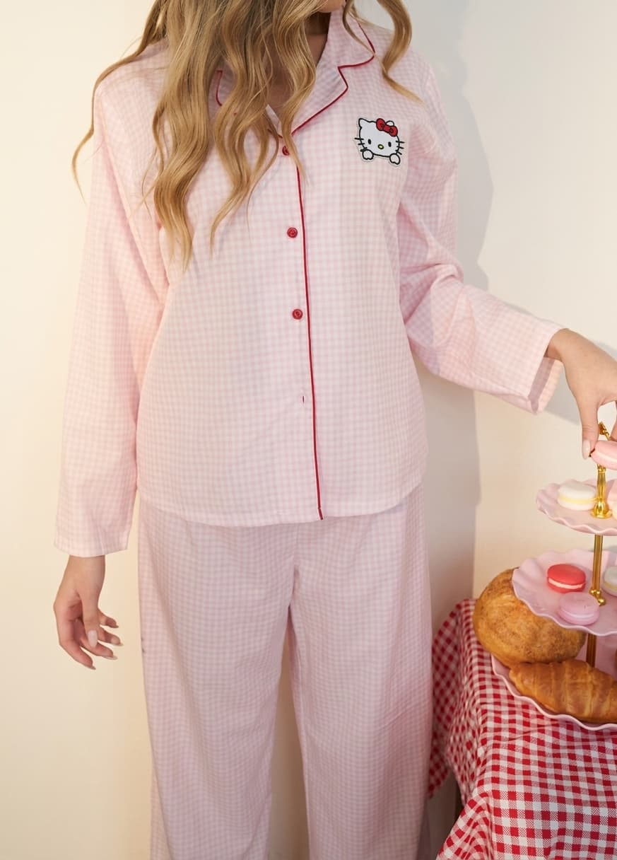 Conjunto de pijama de mujer de manga larga con botones a cuadros Hello Kitty